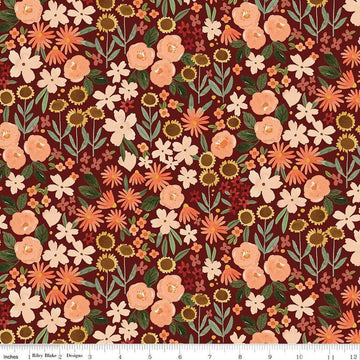Image of the Happy Fall Days Autumn Fields Maroon quilting cotton fabric by Riley Blake Designs. Features flowers on a brown background. Cute Little Fabric Shop