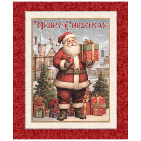 Holly Jolly Santa Panel 31158 Brick R - by QT Fabrics - Santa Christmas Presents Holiday Season - Quilting Cotton Fabric