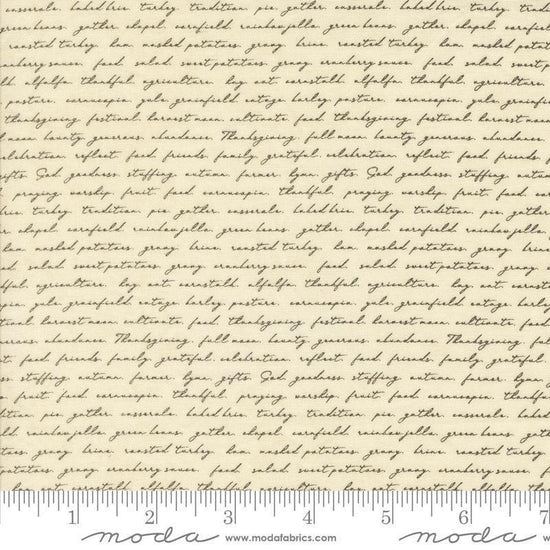 Image of the Acorn Hollow Text Ecru quilting cotton fabric by Moda Fabrics. Features words on a cream background. Cute Little Fabric Shop