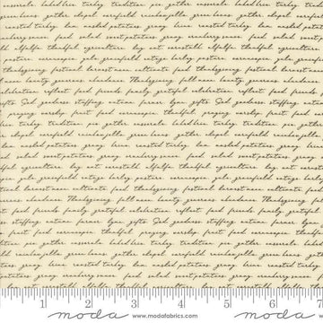 Image of the Acorn Hollow Text Ecru quilting cotton fabric by Moda Fabrics. Features words on a cream background. Cute Little Fabric Shop