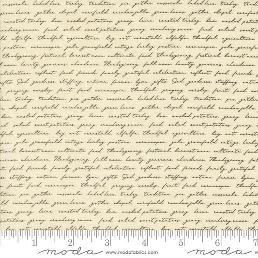 Image of the Acorn Hollow Text Ecru quilting cotton fabric by Moda Fabrics. Features words on a cream background. Cute Little Fabric Shop