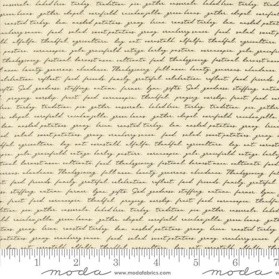Image of the Acorn Hollow Text Ecru quilting cotton fabric by Moda Fabrics. Features words on a cream background. Cute Little Fabric Shop