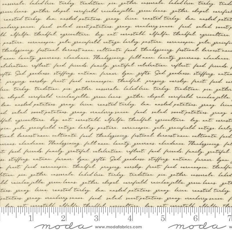 Image of the Acorn Hollow Text Ecru quilting cotton fabric by Moda Fabrics. Features words on a cream background. Cute Little Fabric Shop