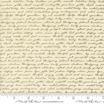Image of the Acorn Hollow Text Ecru quilting cotton fabric by Moda Fabrics. Features words on a cream background. Cute Little Fabric Shop