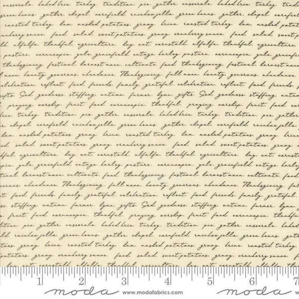 Image of the Acorn Hollow Text Ecru quilting cotton fabric by Moda Fabrics. Features words on a cream background. Cute Little Fabric Shop