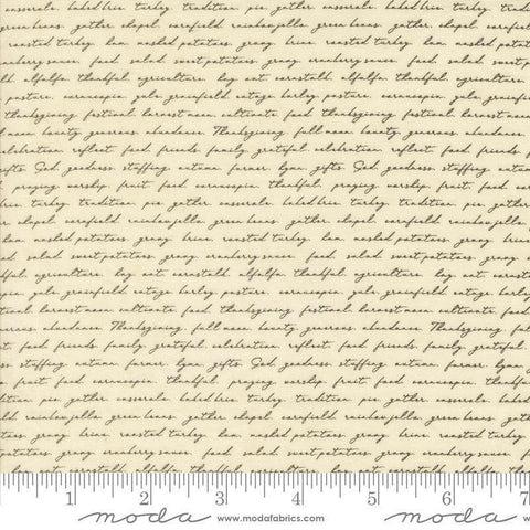 Image of the Acorn Hollow Text Ecru quilting cotton fabric by Moda Fabrics. Features words on a cream background. Cute Little Fabric Shop
