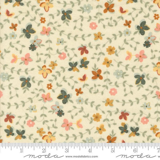 Image of the Acorn Hollow Gather Ecru quilting cotton fabric by Moda Fabrics. Features flowers on a cream background. Cute Little Fabric Shop