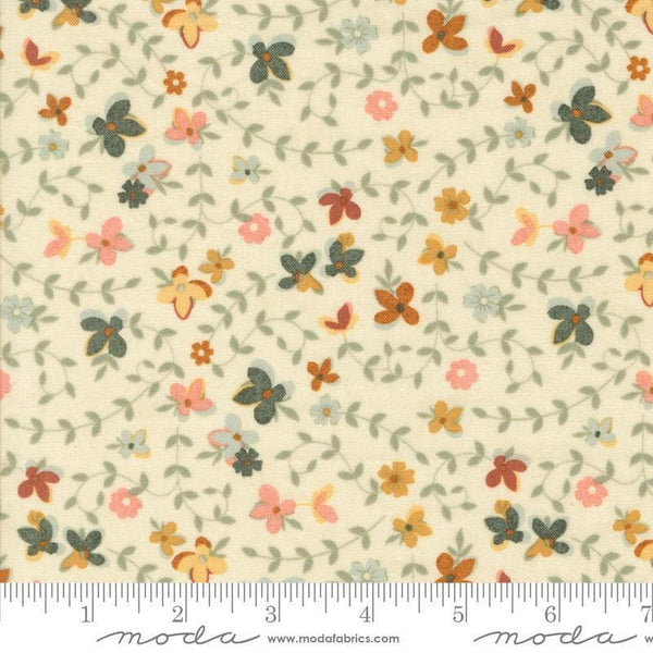 Image of the Acorn Hollow Gather Ecru quilting cotton fabric by Moda Fabrics. Features flowers on a cream background. Cute Little Fabric Shop
