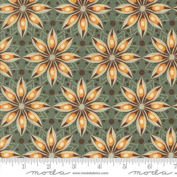Image of the Acorn Hollow Spiced Eucalyptus quilting cotton fabric by Moda Fabrics. Features flowers on a green background. Cute Little Fabric Shop