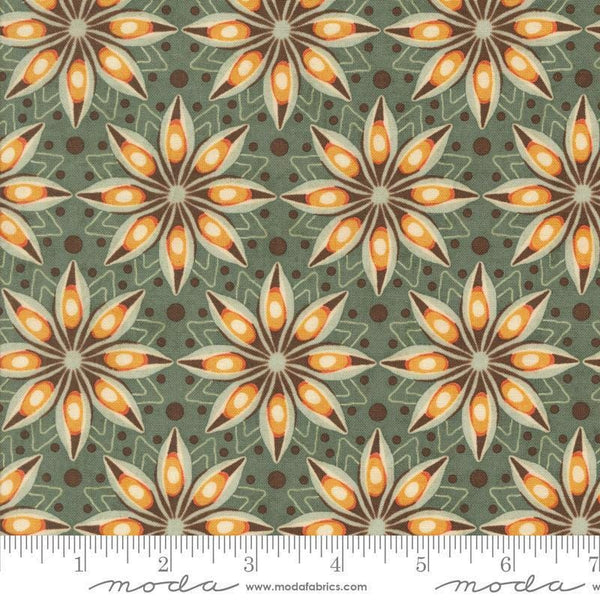Image of the Acorn Hollow Spiced Eucalyptus quilting cotton fabric by Moda Fabrics. Features flowers on a green background. Cute Little Fabric Shop