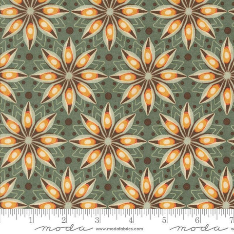 Image of the Acorn Hollow Spiced Eucalyptus quilting cotton fabric by Moda Fabrics. Features flowers on a green background. Cute Little Fabric Shop