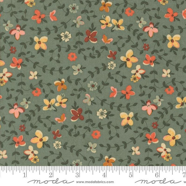 Image of the Acorn Hollow Gather Eucalyptus quilting cotton fabric by Moda Fabrics. Features flowers on an orange background. Cute Little Fabric Shop