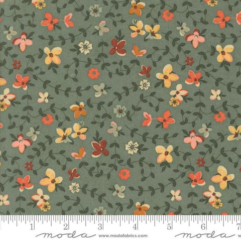 Image of the Acorn Hollow Gather Eucalyptus quilting cotton fabric by Moda Fabrics. Features flowers on an orange background. Cute Little Fabric Shop