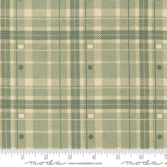 Image of the Acorn Hollow Plaid Sage quilting cotton fabric by Moda Fabrics. Features plaid on a green background. Cute Little Fabric Shop