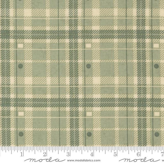 Image of the Acorn Hollow Plaid Sage quilting cotton fabric by Moda Fabrics. Features plaid on a green background. Cute Little Fabric Shop