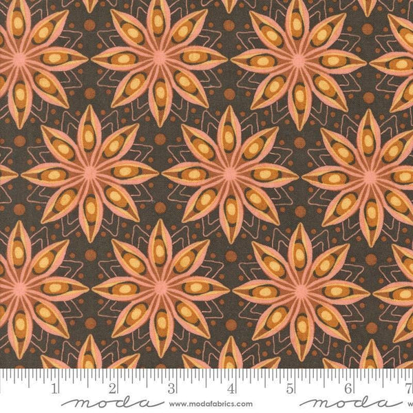 Image of the Acorn Hollow Spiced Soil quilting cotton fabric by Moda Fabrics. Features flowers on a black background. Cute Little Fabric Shop