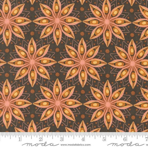 Image of the Acorn Hollow Spiced Soil quilting cotton fabric by Moda Fabrics. Features flowers on a black background. Cute Little Fabric Shop