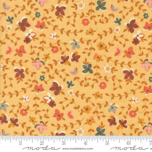 Image of the Acorn Hollow Gather Maize quilting cotton fabric by Moda Fabrics. Features flowers on an orange background. Cute Little Fabric Shop