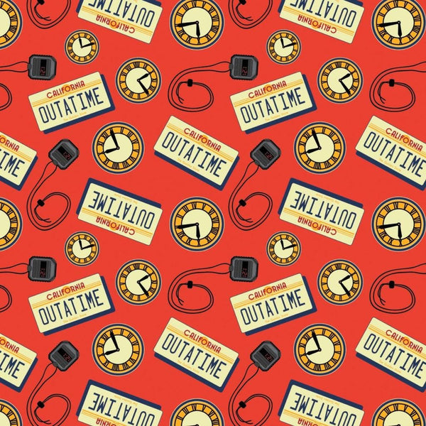 Back to the Future OUTATIME 96330107 Red - Camelot Fabrics - Time Travel License Plate - Quilting Cotton Fabric - Official Licensed Product