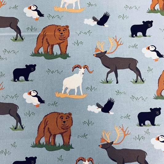SALE Alaska Wildlife C16166 Blue - Riley Blake Designs - Bears Moose Puffin Animals - Quilting Cotton Fabric