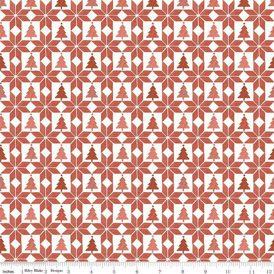 Image of the Magical Winterland Patchwork Barn Red quilting cotton fabric by Riley Blake Designs. Features a quilt design with trees and stars on a red and white background. 
Cute Little Fabric Shop