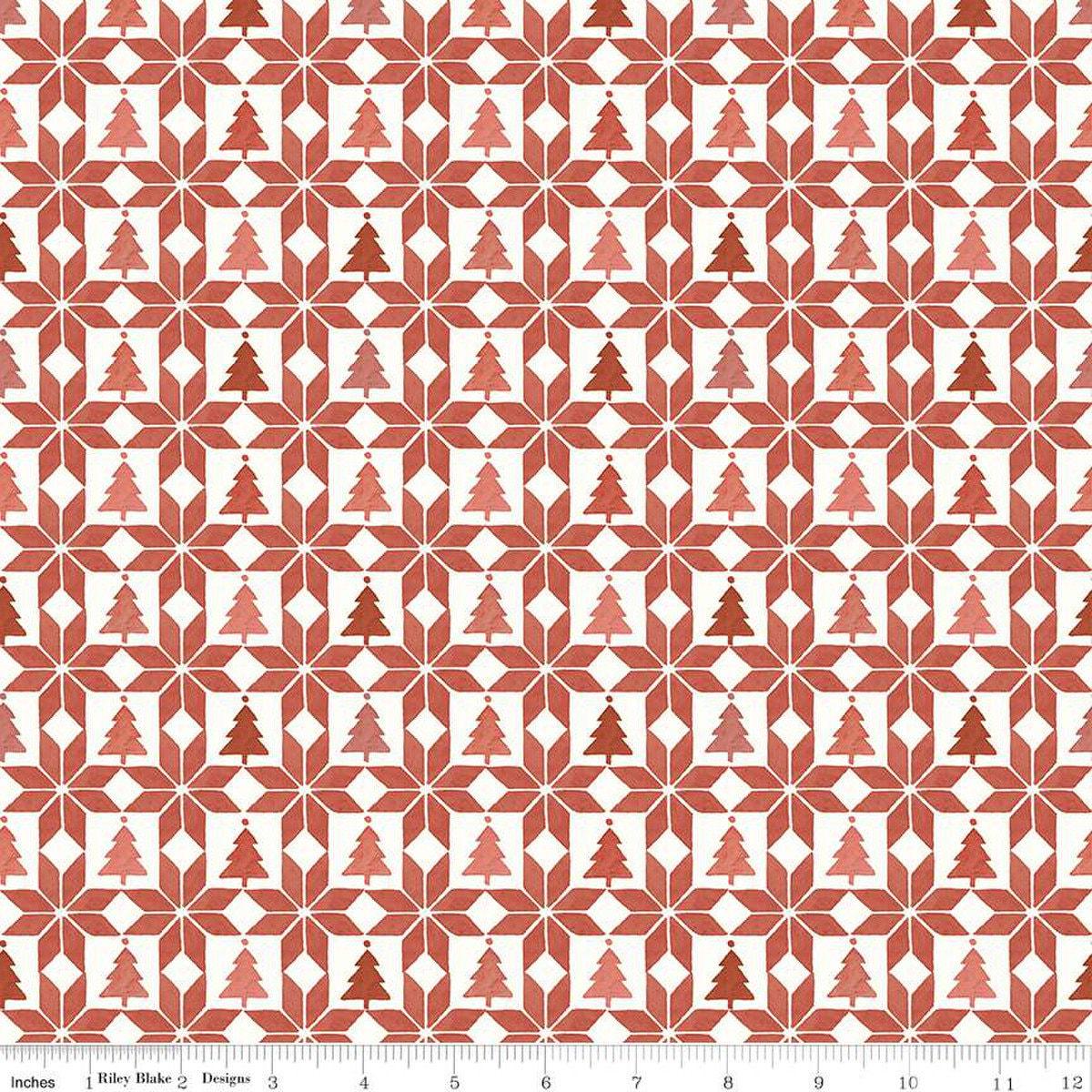 Image of the Magical Winterland Patchwork Barn Red quilting cotton fabric by Riley Blake Designs. Features a quilt design with trees and stars on a red and white background. 
Cute Little Fabric Shop