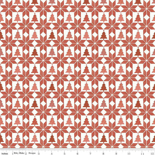 Image of the Magical Winterland Patchwork Barn Red quilting cotton fabric by Riley Blake Designs. Features a quilt design with trees and stars on a red and white background. 
Cute Little Fabric Shop