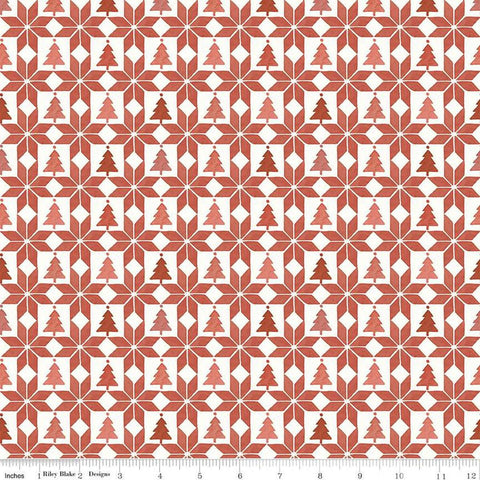 Image of the Magical Winterland Patchwork Barn Red quilting cotton fabric by Riley Blake Designs. Features a quilt design with trees and stars on a red and white background. 
Cute Little Fabric Shop