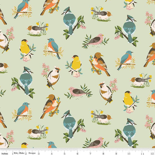 Image of the Winged Medley Birds Sage quilting cotton fabric. Features birds on a green background. Cute Little Fabric Shop