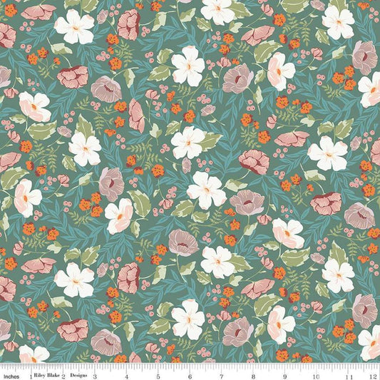 Image of the Winged Medley Blooms Teal quilting cotton fabric. Features flowers on a teal background. Cute Little Fabric Shop