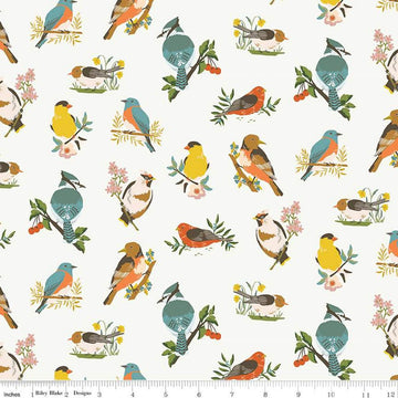 Image of the Winged Medley Birds Cloud quilting cotton fabric. Features birds on a cream background. Cute Little Fabric Shop