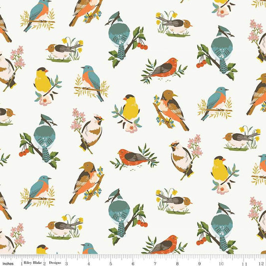 Image of the Winged Medley Birds Cloud quilting cotton fabric. Features birds on a cream background. Cute Little Fabric Shop
