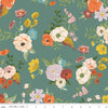Image of the Winged Medley Main Teal quilting cotton fabric. Features flowers on a green background. Cute Little Fabric Shop