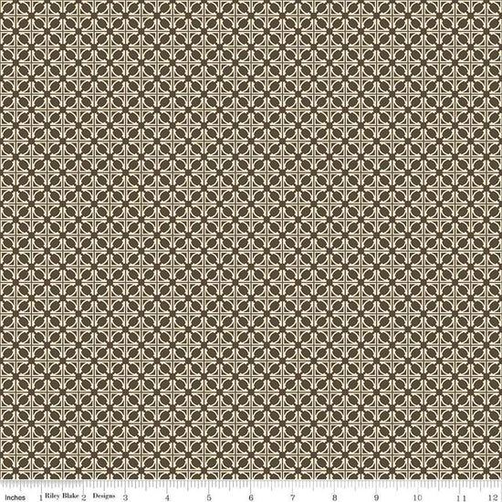 Image of the Winged Medley Tile Brown quilting cotton fabric. Features lines on a brown background. Cute Little Fabric Shop