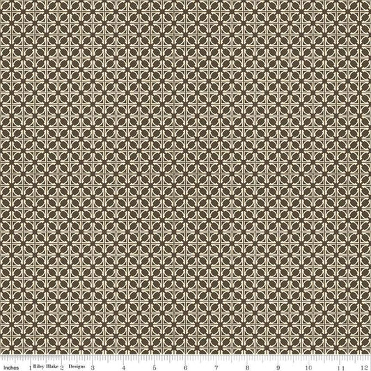 Image of the Winged Medley Tile Brown quilting cotton fabric. Features lines on a brown background. Cute Little Fabric Shop