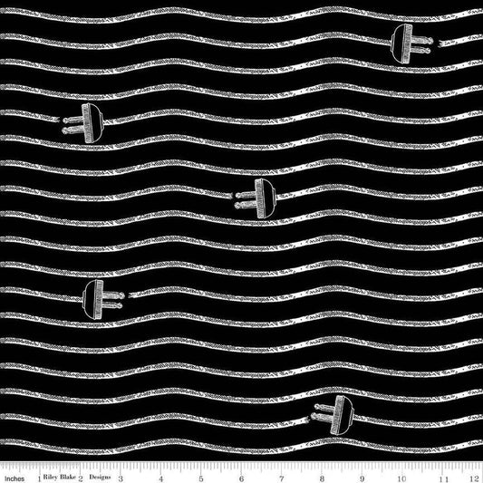Image of the Press On Cord Stripe Black quilting cotton fabric by J. Wecker Frisch for Riley Blake Designs. Features power cords in a stripe pattern on a black background. 
Cute Little Fabric Shop