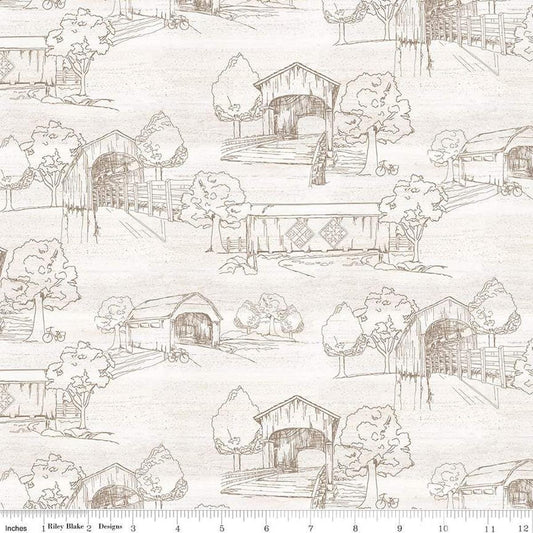 3-Yard cut- DEAL Covered Bridges in Spring Toile WIDEBACK WB15828 White - Riley Blake - 107/108" - Tone-on-Tone - Quilting Cotton Fabric