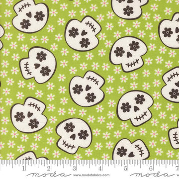 Image of the Fab Boo Lous Skull Green Slime quilting cotton fabric. Features skulls on a green background. Cute Little Fabric Shop