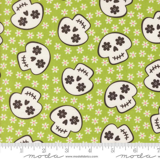 Image of the Fab Boo Lous Skull Green Slime quilting cotton fabric. Features skulls on a green background. Cute Little Fabric Shop
