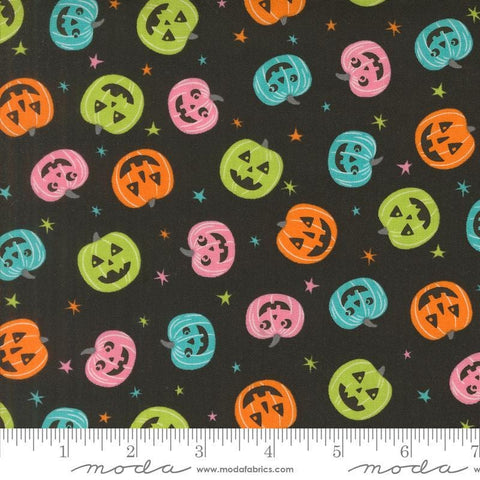 Image of the Fab Boo Lous Pumpkin quilting cotton fabric. Features pumpkins on a black background. Cute Little Fabric Shop