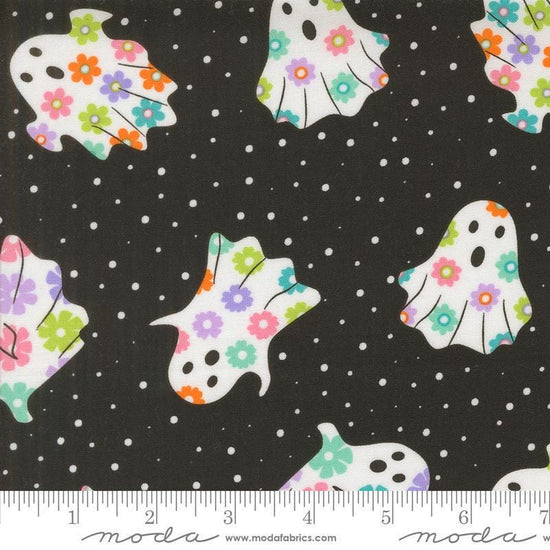 Image of the Fab Boo Lous Ghosts Night quilting cotton fabric. Features dots on a pink background. Cute Little Fabric Shop