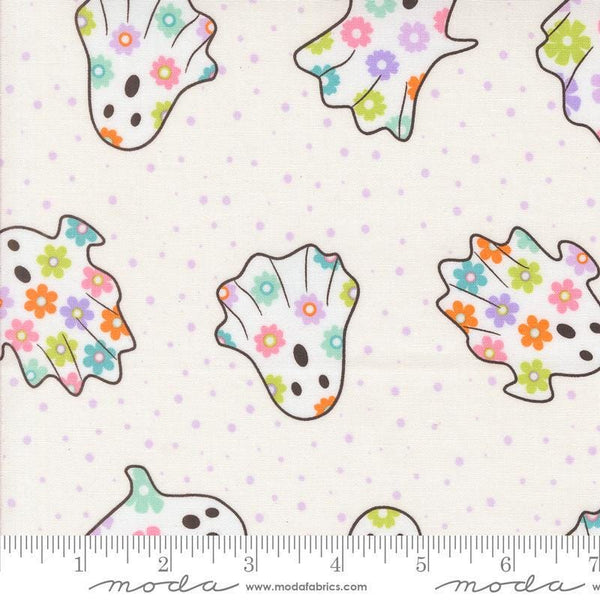 Image of the Fab Boo Lous Ghosts Ghostly quilting cotton fabric. Features dots on a cream background. Cute Little Fabric Shop