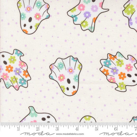 Image of the Fab Boo Lous Ghosts Ghostly quilting cotton fabric. Features dots on a cream background. Cute Little Fabric Shop