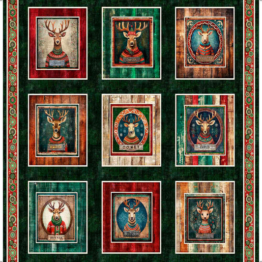 Santa's Workshop Reindeer Picture Patches Panel 31071 Multi X - QT Fabrics - Christmas Reindeer Holiday - Quilting Cotton Fabric