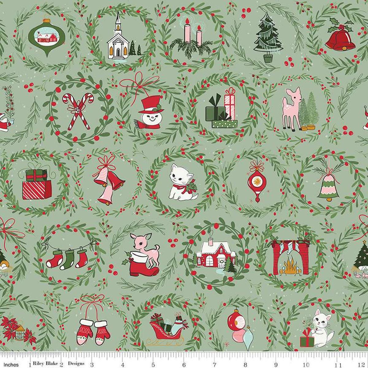 Image of the Mistletoe & Holly Wreaths Sage quilting cotton fabric by Riley Blake Designs. Features wreathes on a green background. Cute Little Fabric Shop