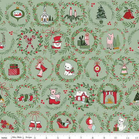 Image of the Mistletoe & Holly Wreaths Sage quilting cotton fabric by Riley Blake Designs. Features wreathes on a green background. Cute Little Fabric Shop