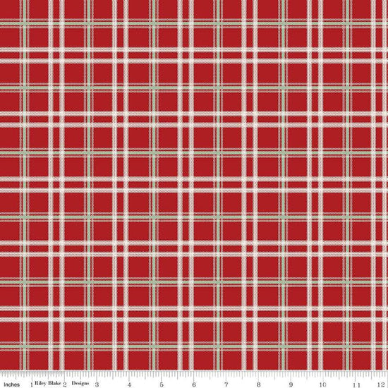 Image of the Mistletoe & Holly Plaid Barn Red quilting cotton fabric by Riley Blake Designs. Features lines on a red background. Cute Little Fabric Shop