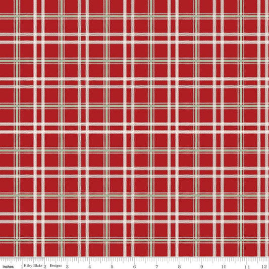 Image of the Mistletoe & Holly Plaid Barn Red quilting cotton fabric by Riley Blake Designs. Features lines on a red background. Cute Little Fabric Shop