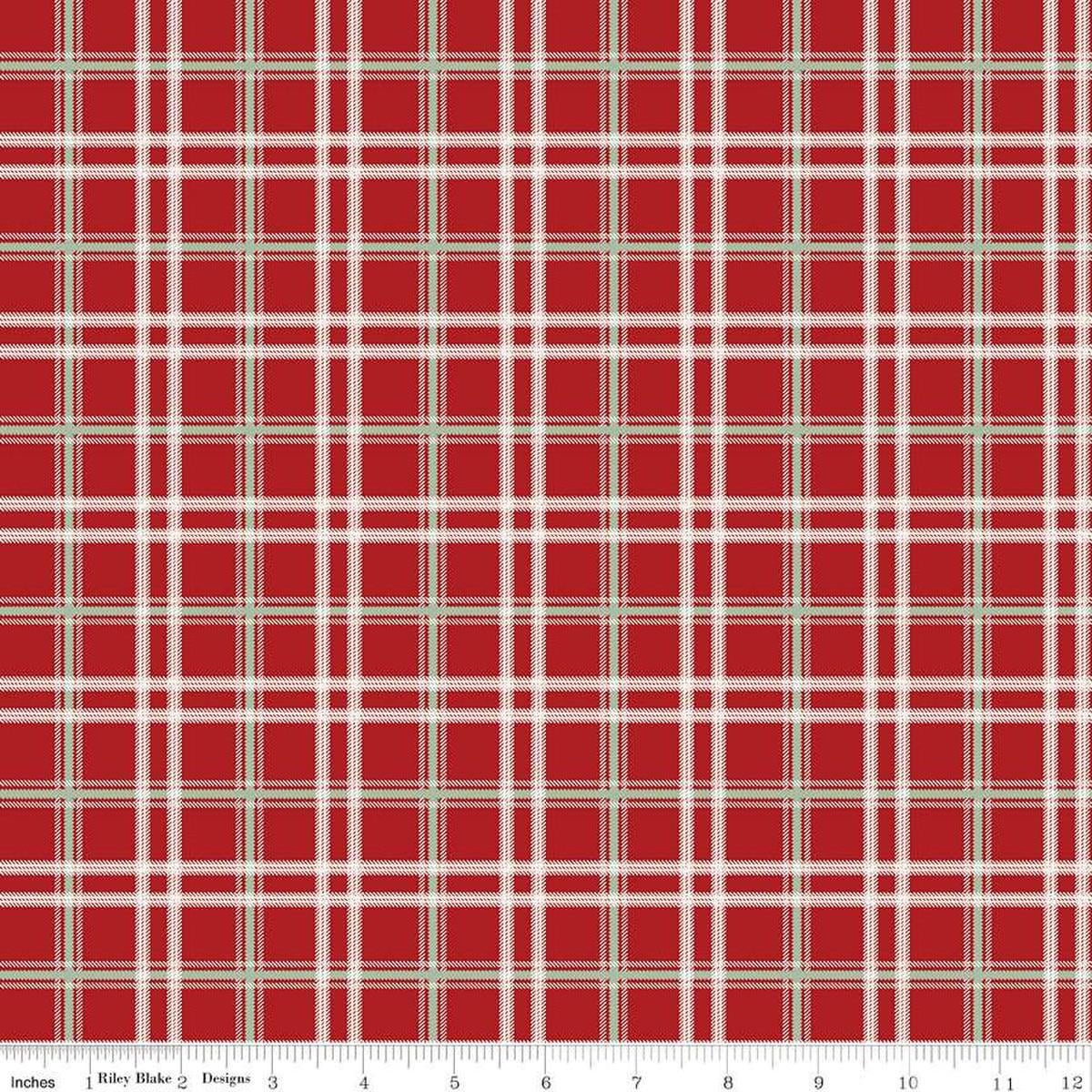 Image of the Mistletoe & Holly Plaid Barn Red quilting cotton fabric by Riley Blake Designs. Features lines on a red background. Cute Little Fabric Shop