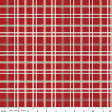 Image of the Mistletoe & Holly Plaid Barn Red quilting cotton fabric by Riley Blake Designs. Features lines on a red background. Cute Little Fabric Shop